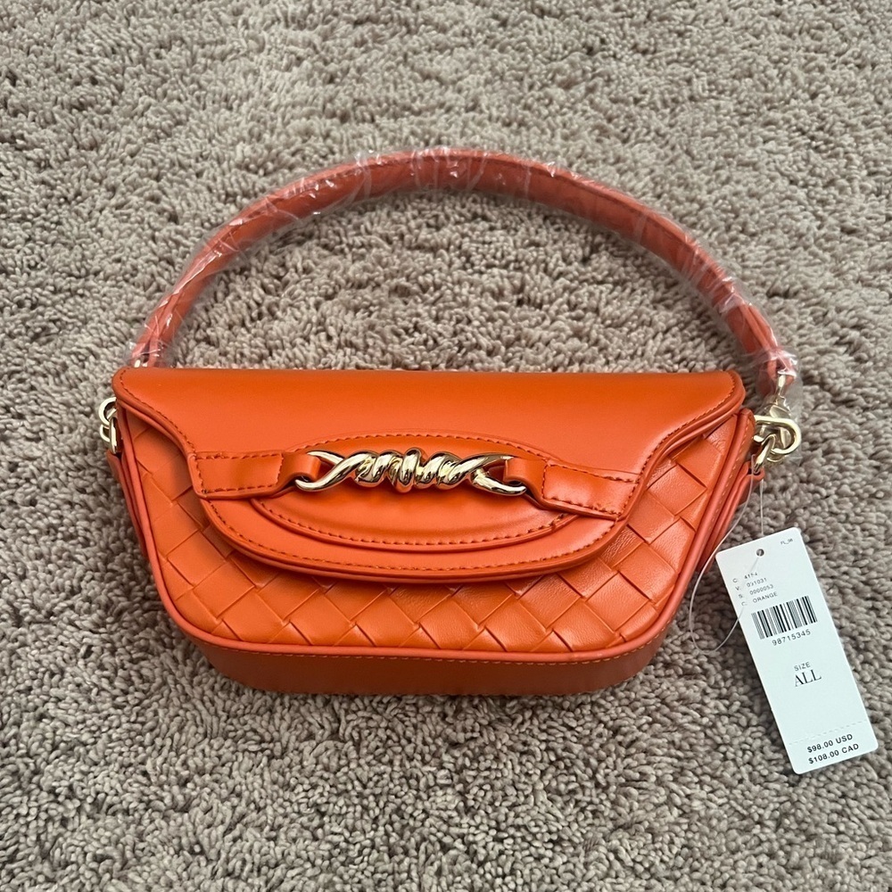 NWT new Anthropologie Delilah woven faux leather chain bag orange crossbody - Picture 3 of 17